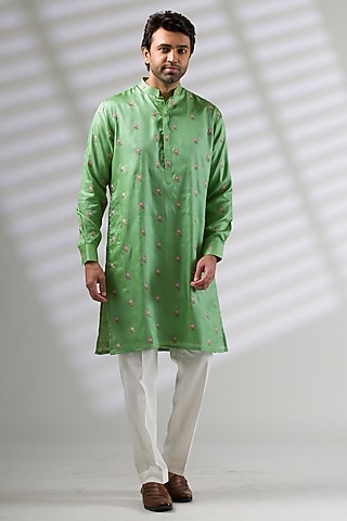 Green Silk Embroidered Kurta Set by Ritika Patel