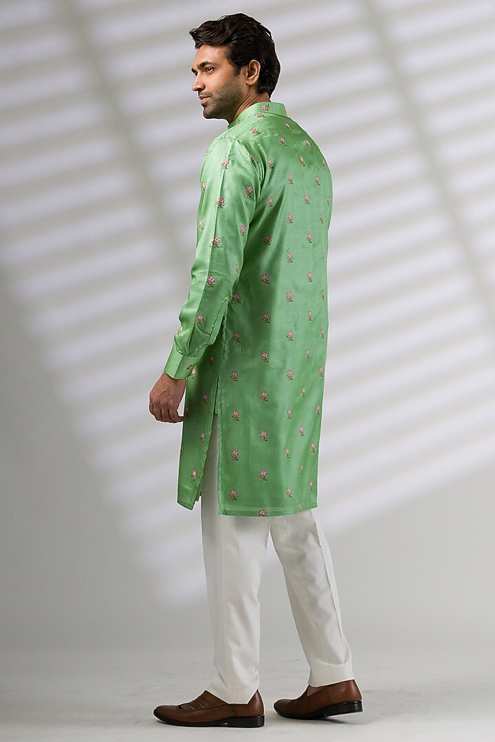 Green Silk Embroidered Kurta Set by Ritika Patel at Pernia's Pop Up Shop