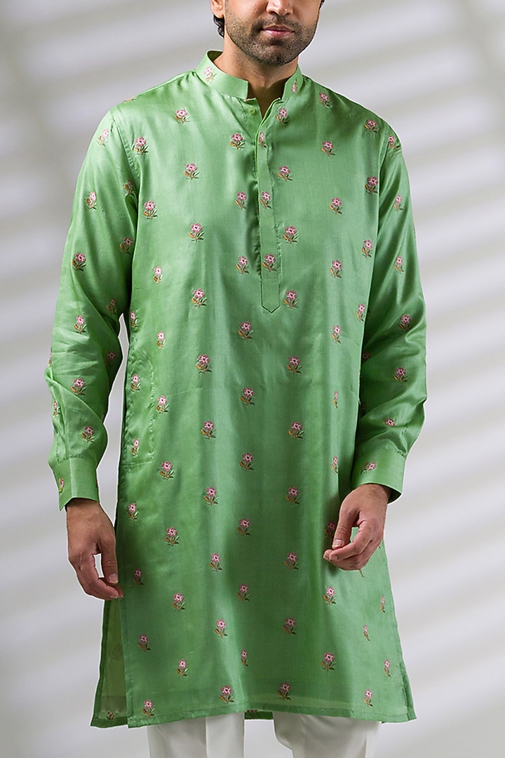 Green Silk Embroidered Kurta Set by Ritika Patel at Pernia's Pop Up Shop