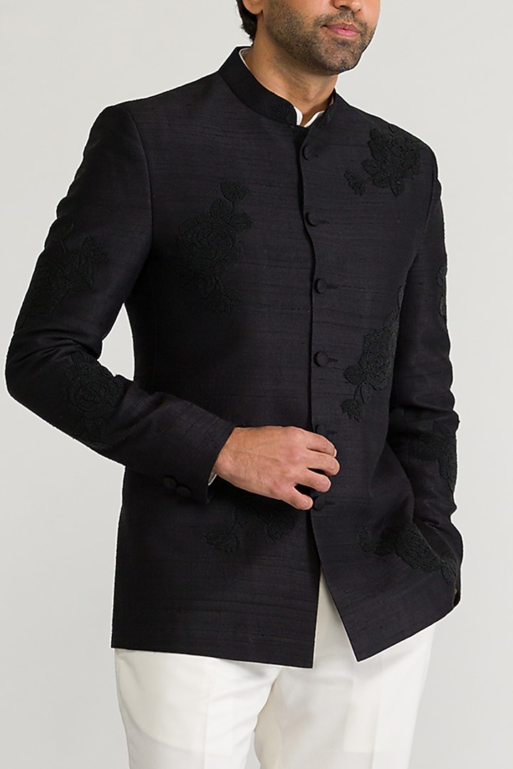 Black Raw Silk & Silk Hand Embroidered Wedding Bandhgala Set by Ritika Patel at Pernia's Pop Up Shop