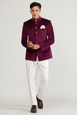 Maroon Velvet Bandhgala Set by Ritika Patel