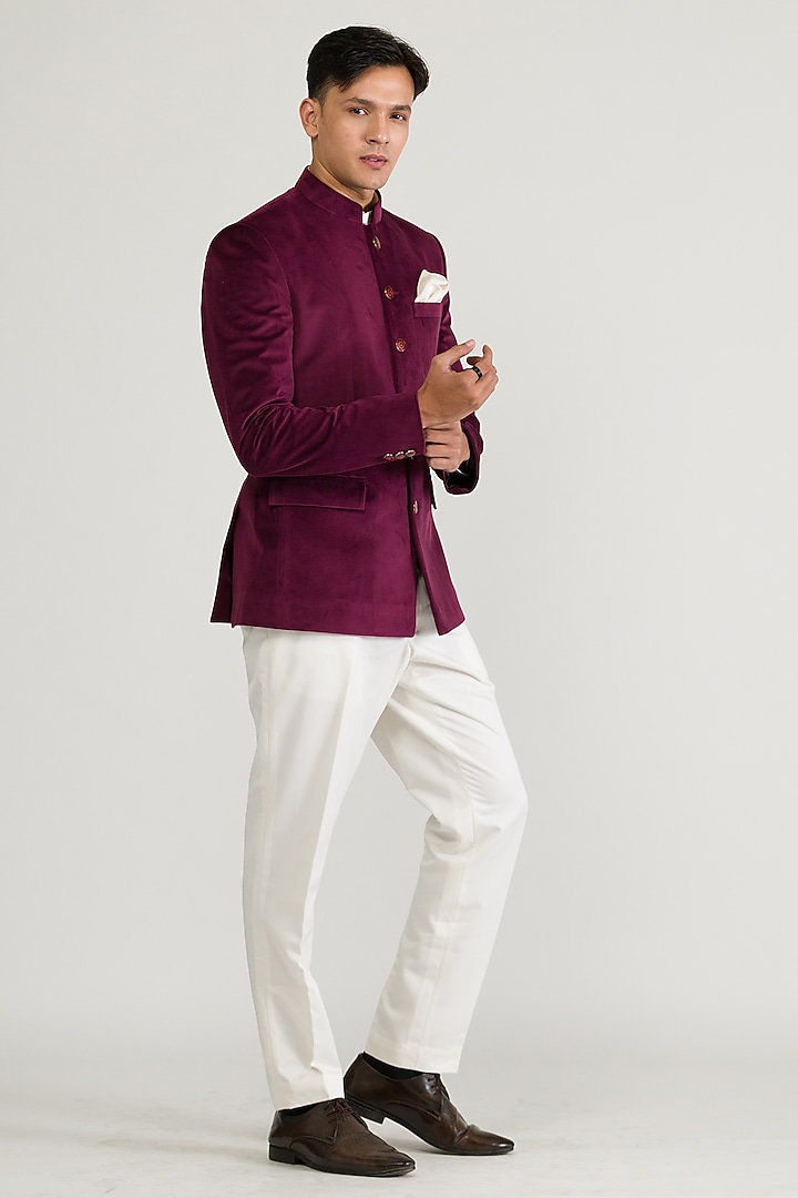 Maroon Velvet Wedding Bandhgala Set by Ritika Patel at Pernia's Pop Up Shop