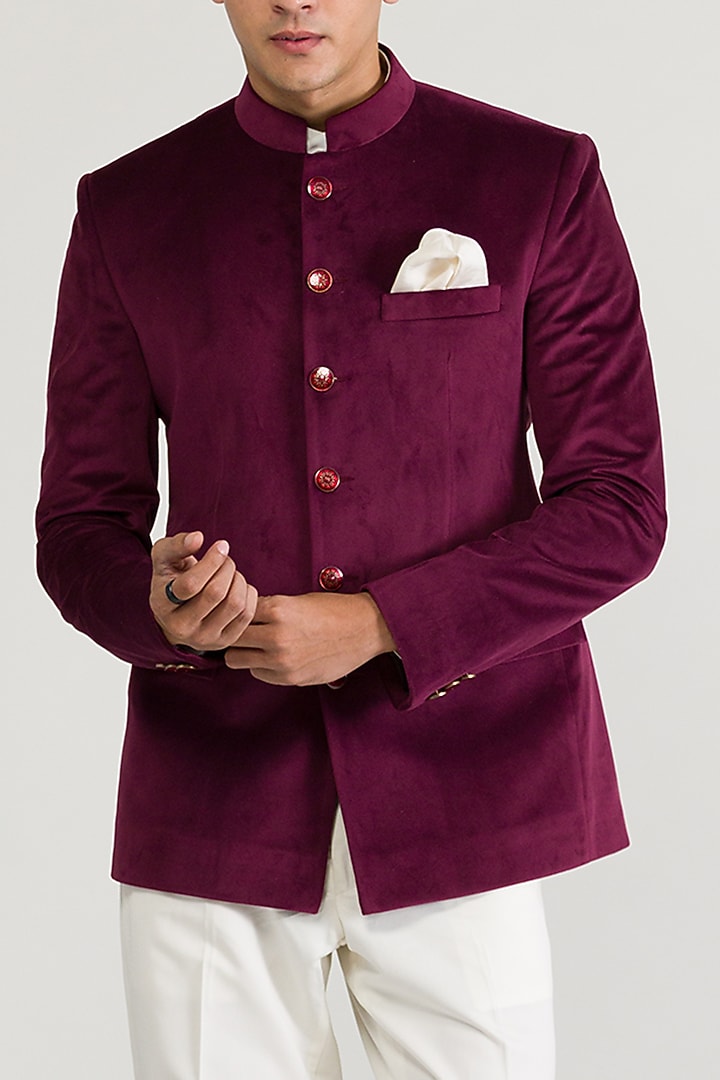 Maroon Velvet Wedding Bandhgala Set by Ritika Patel at Pernia's Pop Up Shop
