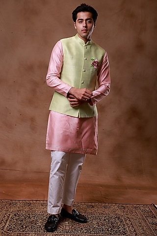 Green Raw Silk Hand Embroidered Bundi Set by Ritika Patel