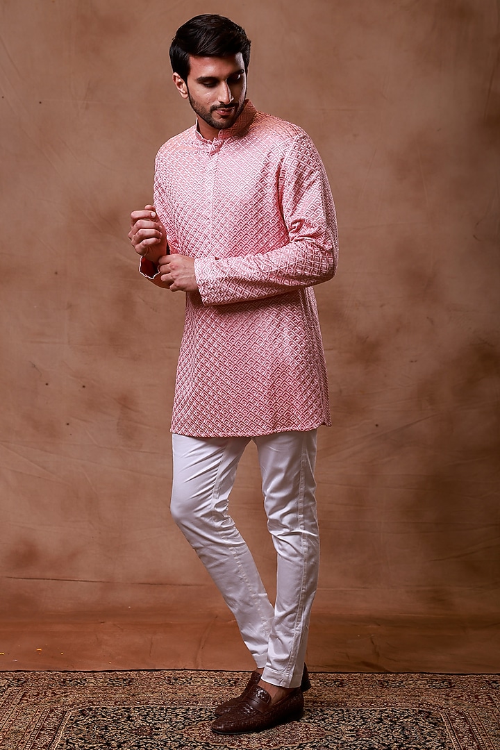 Dull Pink Silk Embroidered Kurta Set by Ritika Patel at Pernia's Pop Up Shop