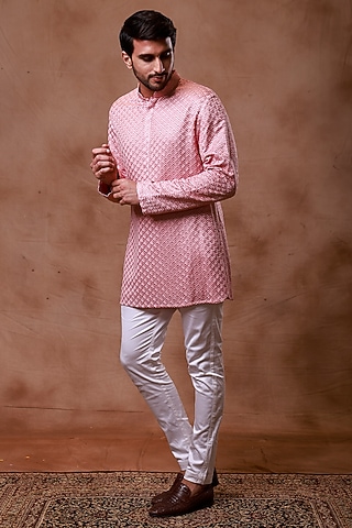 Dull Pink Silk Embroidered Kurta Set by Ritika Patel
