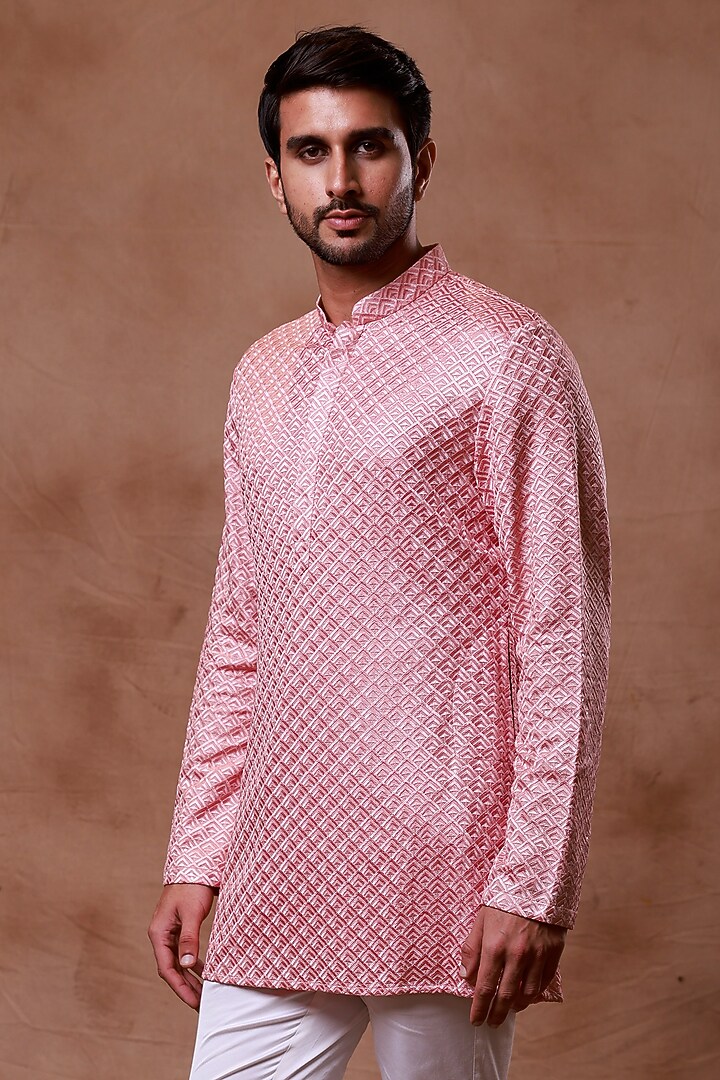 Dull Pink Silk Embroidered Kurta Set by Ritika Patel at Pernia's Pop Up Shop