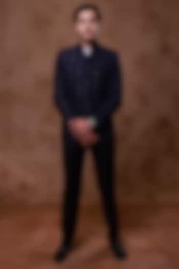 Navy Blue Silk Hand Embroidered Groom Bandhgala Set by Ritika Patel at Pernia's Pop Up Shop