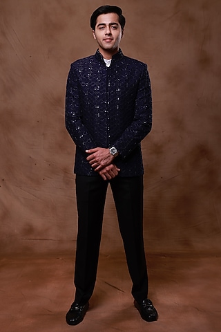 Navy Blue Silk Hand Embroidered Bandhgala Set by Ritika Patel