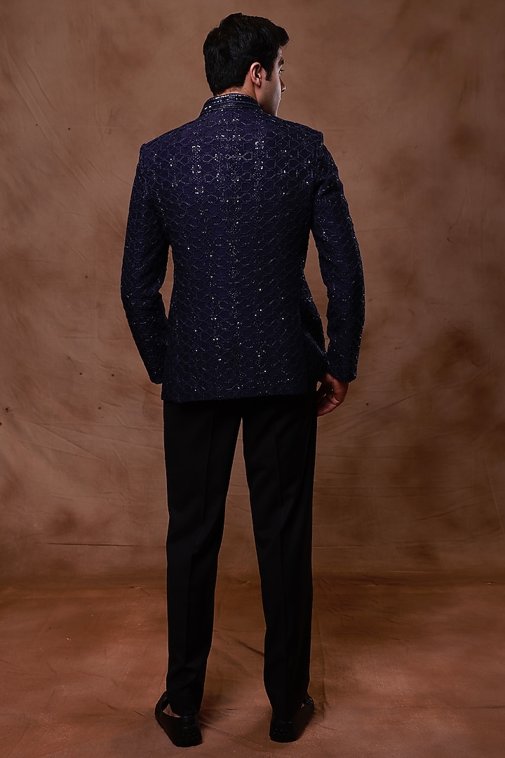 Navy Blue Silk Hand Embroidered Groom Bandhgala Set by Ritika Patel at Pernia's Pop Up Shop