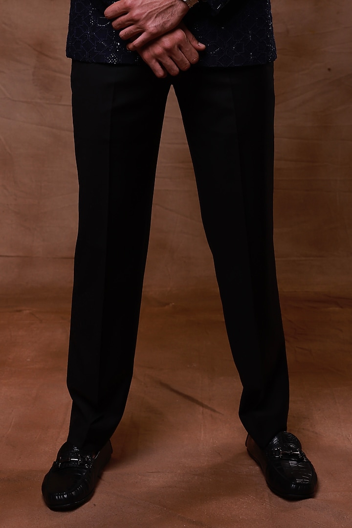 Navy Blue Silk Hand Embroidered Groom Bandhgala Set by Ritika Patel at Pernia's Pop Up Shop