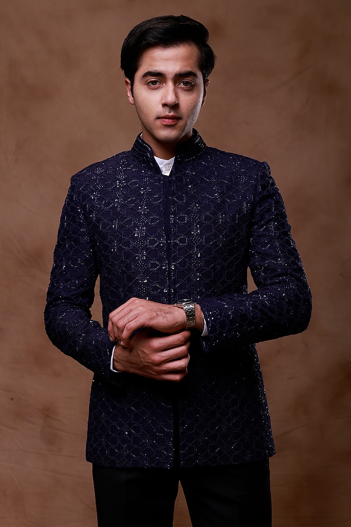 Navy Blue Silk Hand Embroidered Groom Bandhgala Set by Ritika Patel at Pernia's Pop Up Shop