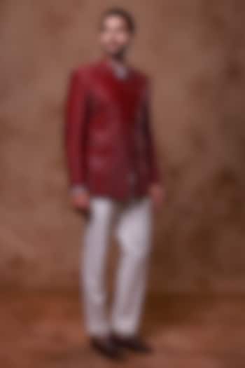 Maroon Silk Hand Embroidered Groom Bandhgala Set by Ritika Patel at Pernia's Pop Up Shop