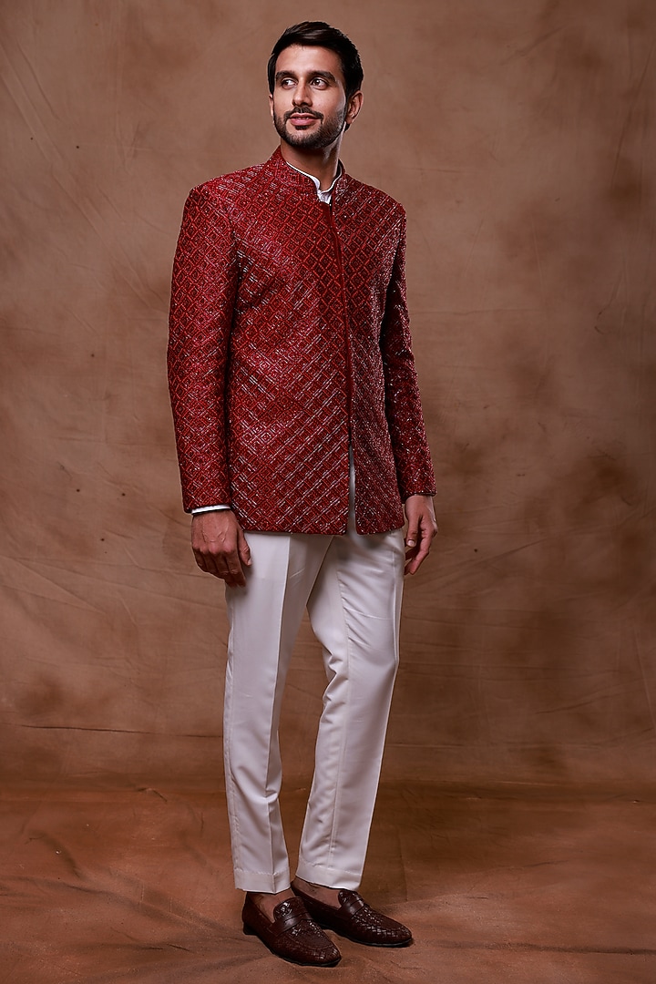 Maroon Silk Hand Embroidered Groom Bandhgala Set by Ritika Patel at Pernia's Pop Up Shop