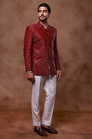 Maroon Silk Hand Embroidered Bandhgala Set by Ritika Patel