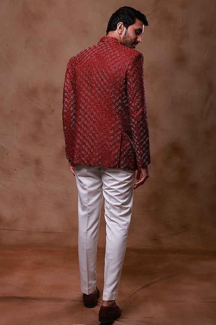 Maroon Silk Hand Embroidered Groom Bandhgala Set by Ritika Patel at Pernia's Pop Up Shop