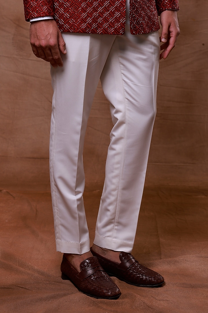 Maroon Silk Hand Embroidered Groom Bandhgala Set by Ritika Patel at Pernia's Pop Up Shop