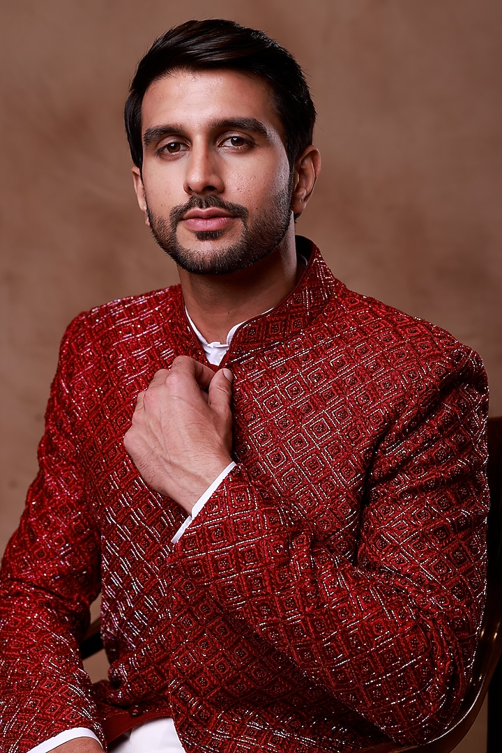 Maroon Silk Hand Embroidered Groom Bandhgala Set by Ritika Patel at Pernia's Pop Up Shop