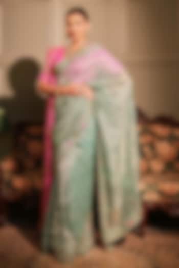 Sky Blue Tissue Zardozi Embroidered Reception Saree Set by Ritu Surana at Pernia's Pop Up Shop