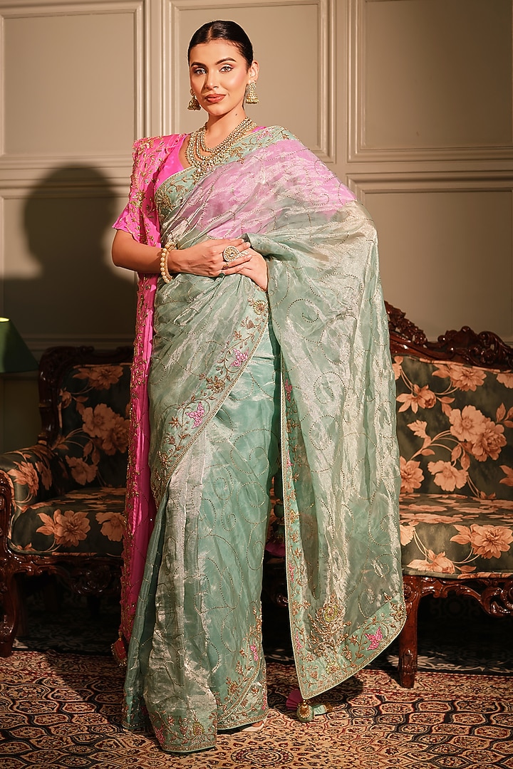 Sky Blue Tissue Zardozi Embroidered Reception Saree Set by Ritu Surana at Pernia's Pop Up Shop