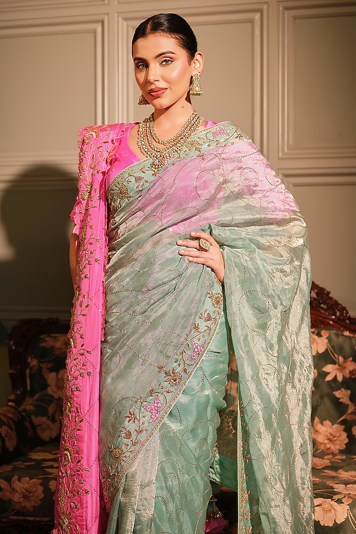 Sky Blue Tissue Zardozi Embroidered Reception Saree Set by Ritu Surana at Pernia's Pop Up Shop