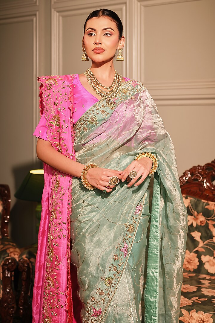 Sky Blue Tissue Zardozi Embroidered Reception Saree Set by Ritu Surana at Pernia's Pop Up Shop