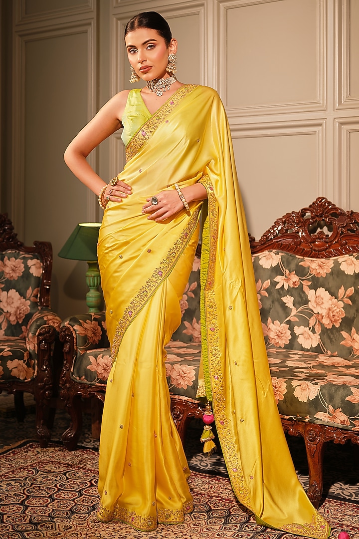 Lemon Yellow Satin Zardosi Embroidered Reception Saree Set by Ritu Surana at Pernia's Pop Up Shop