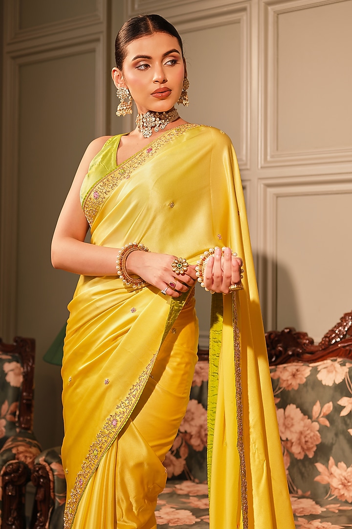 Lemon Yellow Satin Zardosi Embroidered Reception Saree Set by Ritu Surana at Pernia's Pop Up Shop