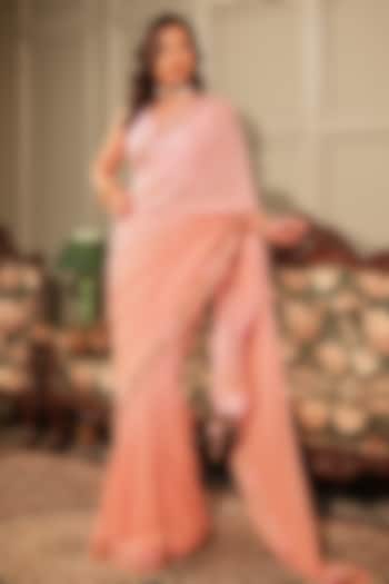 Peach Georgette Resham & Gota Patti Embroidered Reception Saree Set by Ritu Surana at Pernia's Pop Up Shop