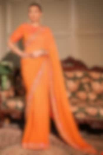 Orange Georgette Gota Patti & Resham Embroidered Reception Saree Set by Ritu Surana at Pernia's Pop Up Shop