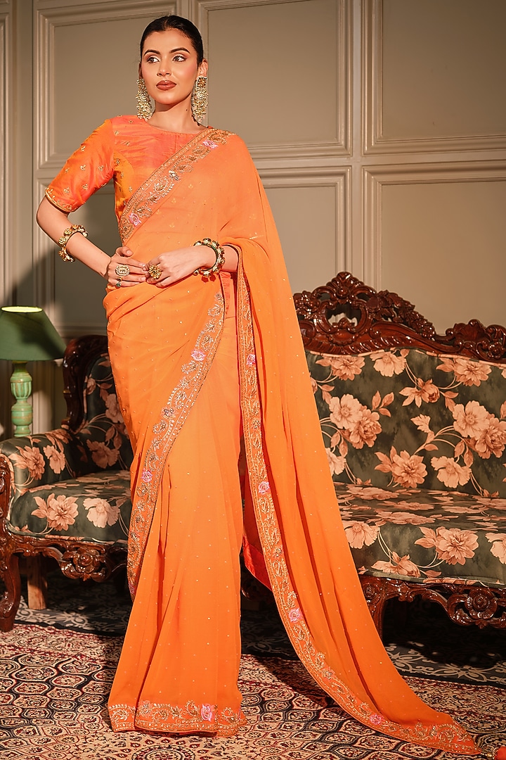 Orange Georgette Gota Patti & Resham Embroidered Reception Saree Set by Ritu Surana at Pernia's Pop Up Shop