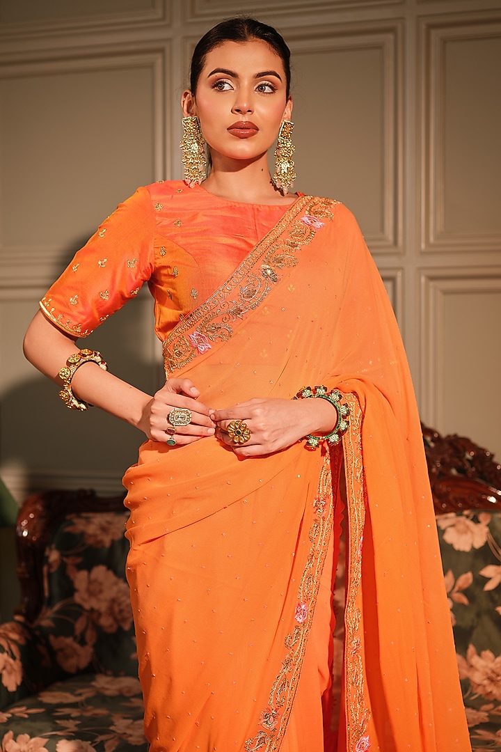 Orange Georgette Gota Patti & Resham Embroidered Reception Saree Set by Ritu Surana at Pernia's Pop Up Shop