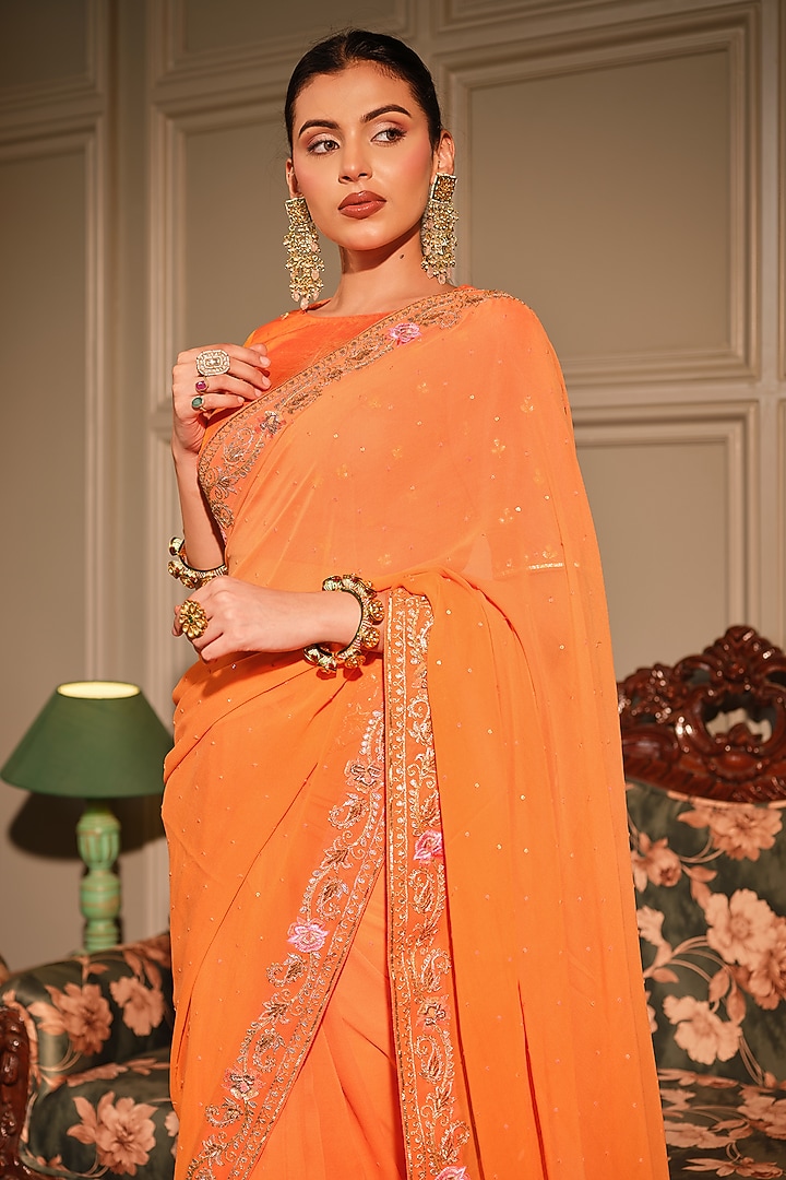 Orange Georgette Gota Patti & Resham Embroidered Reception Saree Set by Ritu Surana at Pernia's Pop Up Shop