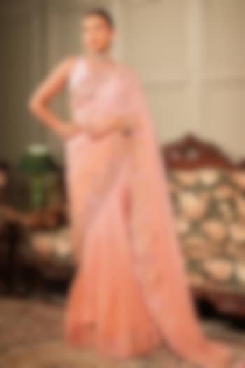 Salmon Georgette Resham & Gota Patti Embroidered Reception Saree Set by Ritu Surana at Pernia's Pop Up Shop