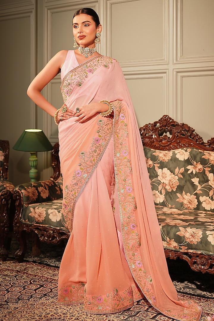 Salmon Georgette Resham & Gota Patti Embroidered Reception Saree Set by Ritu Surana at Pernia's Pop Up Shop