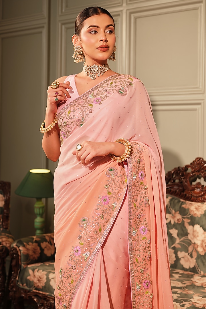 Salmon Georgette Resham & Gota Patti Embroidered Reception Saree Set by Ritu Surana at Pernia's Pop Up Shop