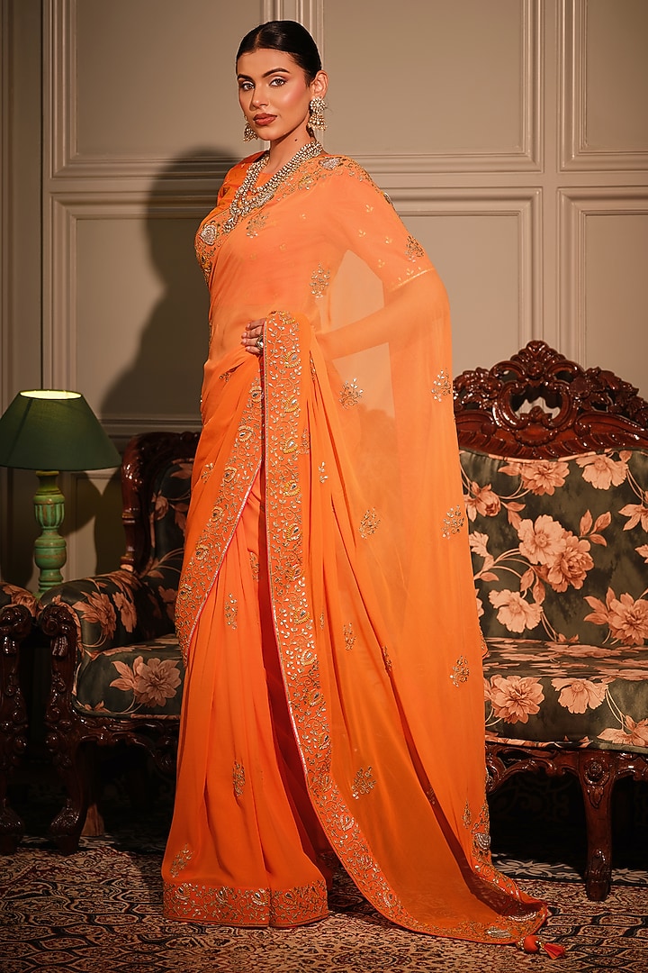 Orange Georgette Gota Patti & Dabka Zardosi Embroidered Reception Saree Set by Ritu Surana at Pernia's Pop Up Shop