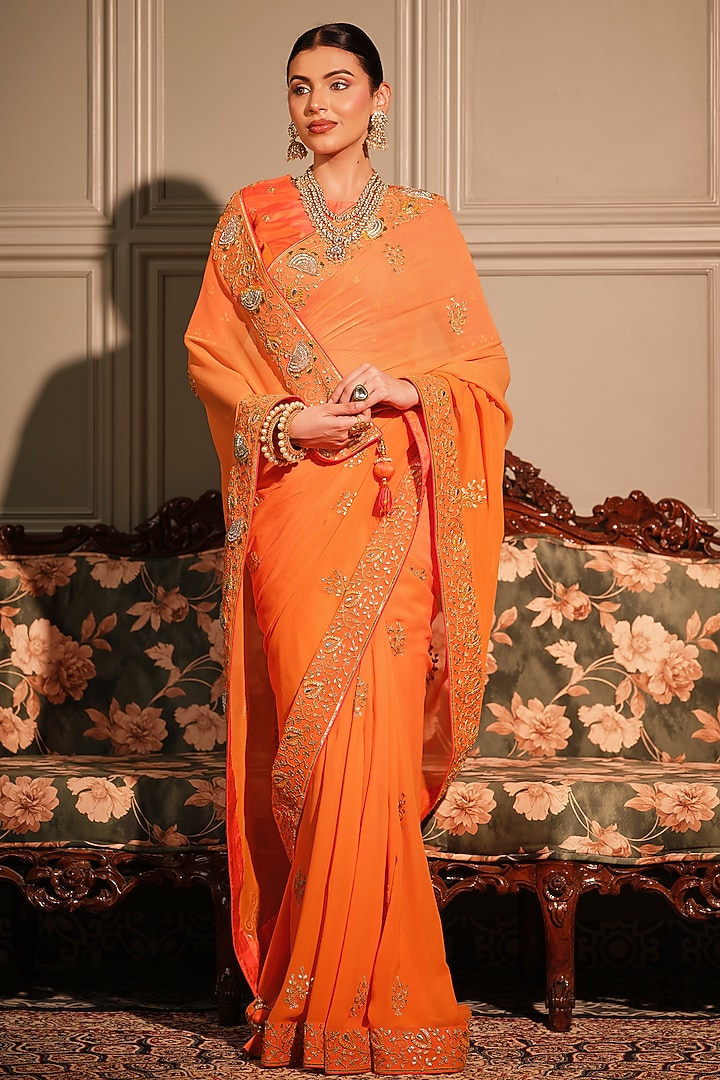 Orange Georgette Gota Patti & Dabka Zardosi Embroidered Reception Saree Set by Ritu Surana at Pernia's Pop Up Shop