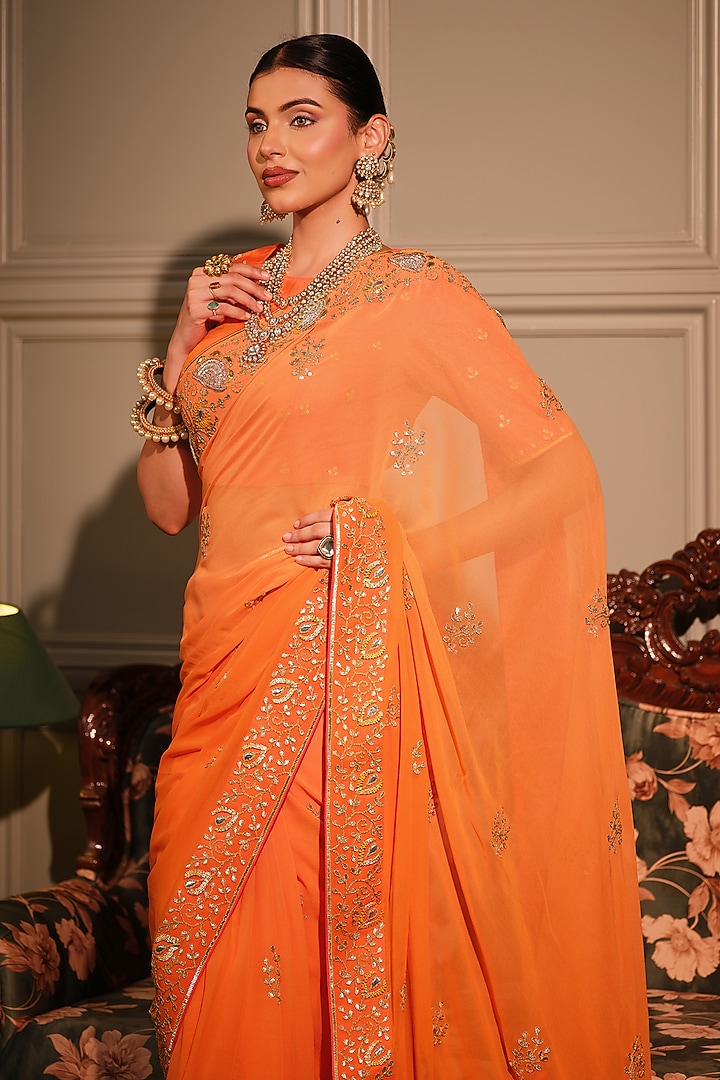 Orange Georgette Gota Patti & Dabka Zardosi Embroidered Reception Saree Set by Ritu Surana at Pernia's Pop Up Shop