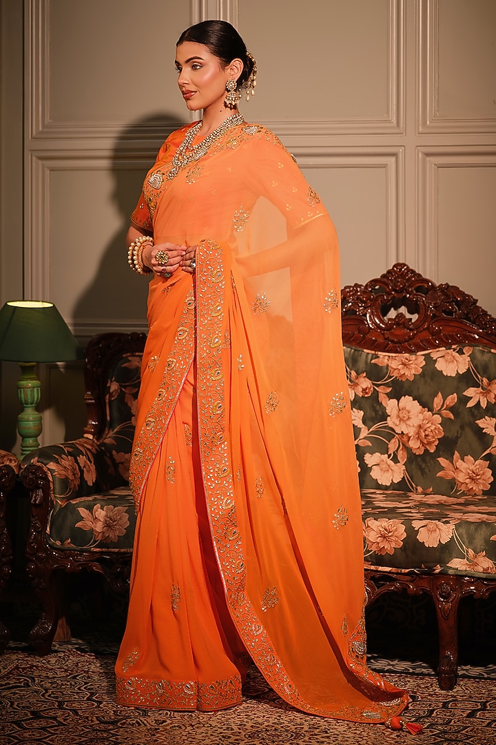 Orange Georgette Gota Patti & Dabka Zardosi Embroidered Reception Saree Set by Ritu Surana at Pernia's Pop Up Shop