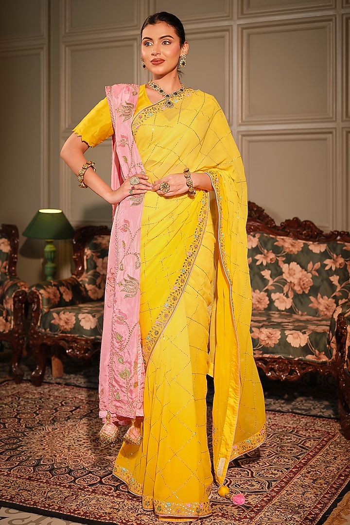 Chrome Yellow Georgette Resham & Gota Patti Embroidered Reception Saree Set by Ritu Surana at Pernia's Pop Up Shop