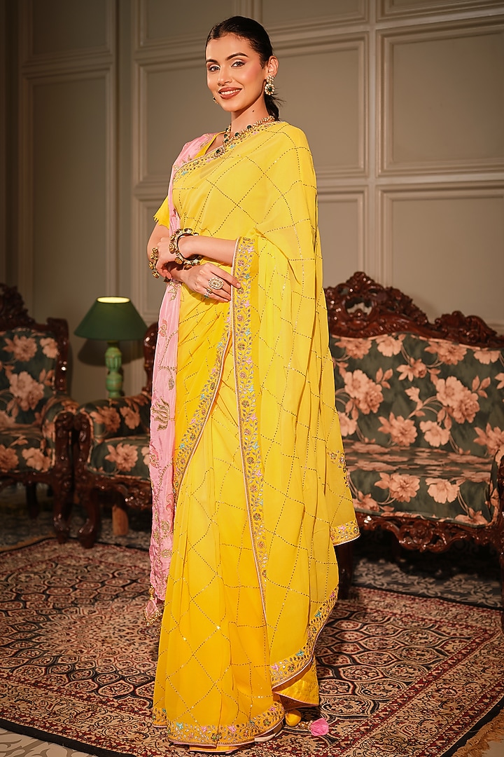 Chrome Yellow Georgette Resham & Gota Patti Embroidered Reception Saree Set by Ritu Surana at Pernia's Pop Up Shop