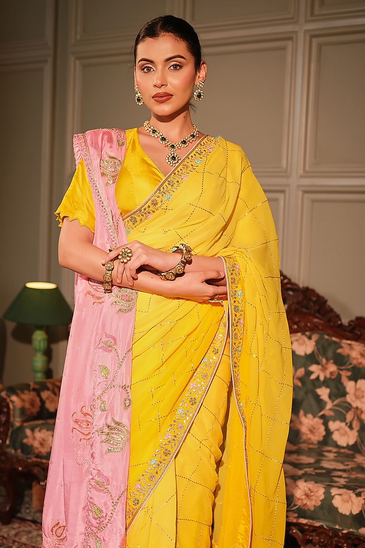 Chrome Yellow Georgette Resham & Gota Patti Embroidered Reception Saree Set by Ritu Surana at Pernia's Pop Up Shop