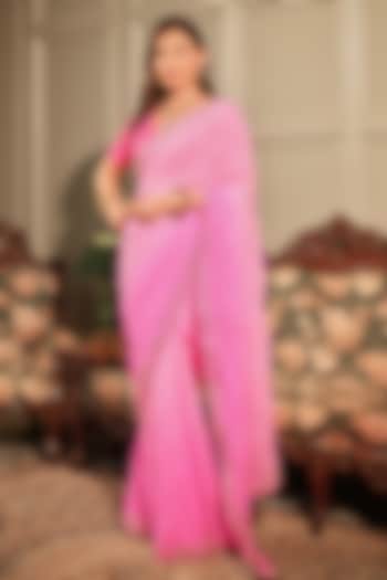 Light Pink Georgette Zardozi & Dabka Embroidered Bridal Saree Set by Ritu Surana at Pernia's Pop Up Shop