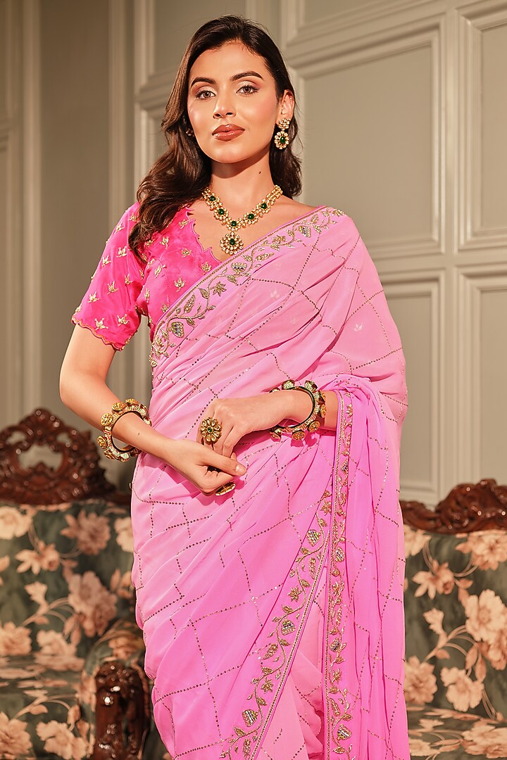 Light Pink Georgette Zardozi & Dabka Embroidered Bridal Saree Set by Ritu Surana at Pernia's Pop Up Shop
