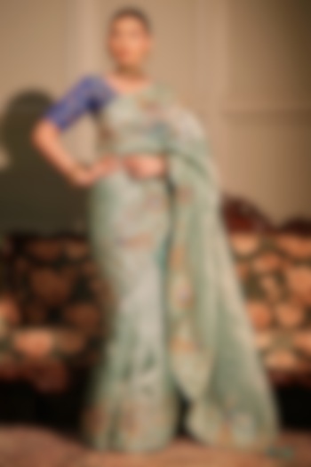 Sky Blue Tissue Resham & Gota Embroidered Bridal Saree Set by Ritu Surana at Pernia's Pop Up Shop