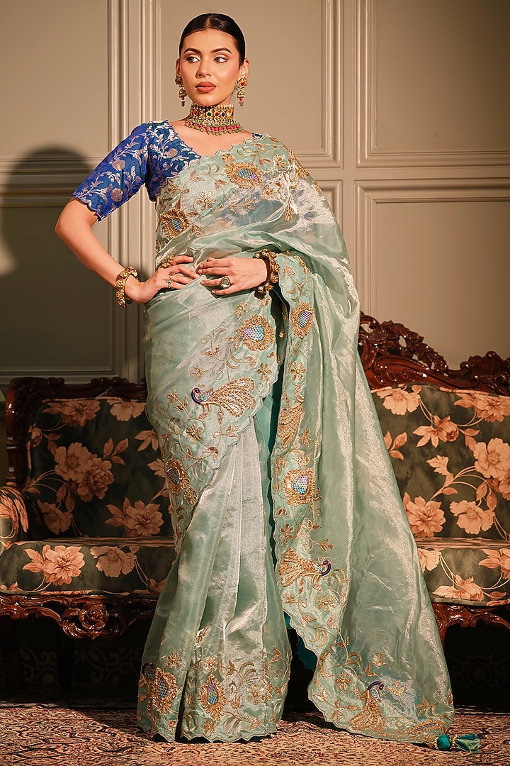 Sky Blue Tissue Resham & Gota Embroidered Bridal Saree Set by Ritu Surana at Pernia's Pop Up Shop