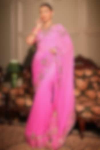 Fuchsia Pink Georgette Applique & Gota Embroidered Bridal Saree Set by Ritu Surana at Pernia's Pop Up Shop