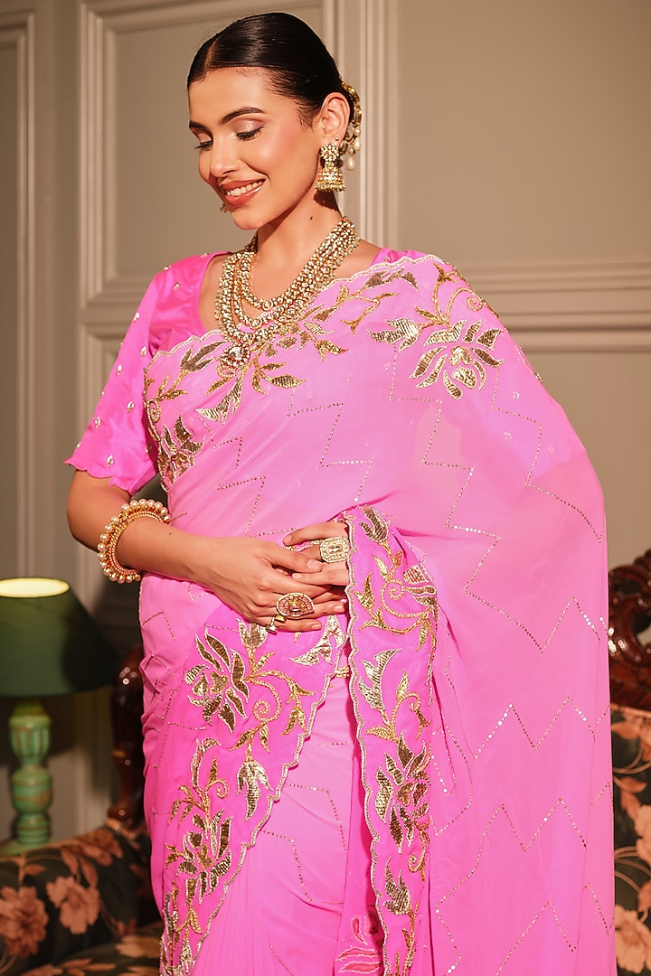 Fuchsia Pink Georgette Applique & Gota Embroidered Bridal Saree Set by Ritu Surana at Pernia's Pop Up Shop