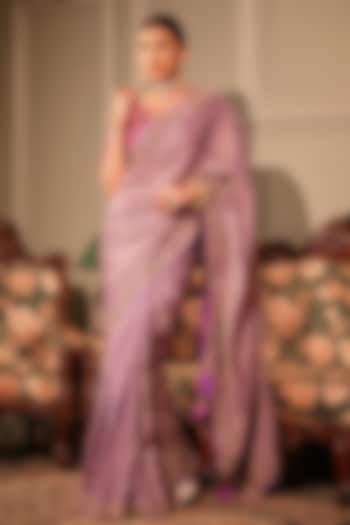 Violet Tissue Kasab & Zardosi Embroidered Reception Saree Set by Ritu Surana at Pernia's Pop Up Shop